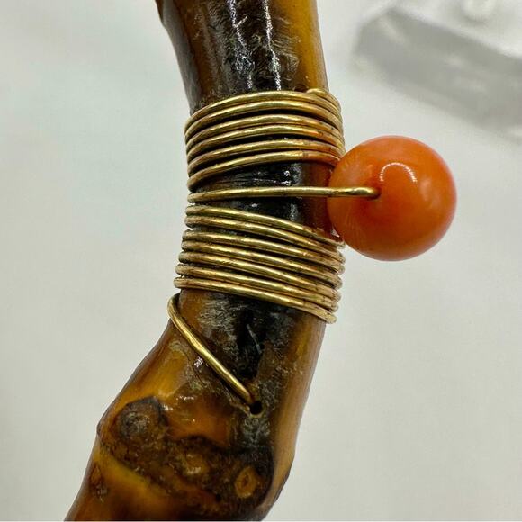 Vintage Bamboo Bracelet Gold Wire Wrapped Coral Bead Retro Brown Orange Bangle - Picture 11 of 15